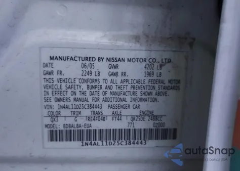 2005 Nissan Altima 2.5 S z USA, uszkodzony, nr VIN 1N4AL11D25C384443